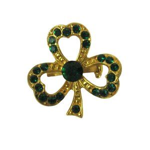 Shamrock Brooch .8 inch Pin Jewelry Goldtone Green Rhinestones Saint Patrick